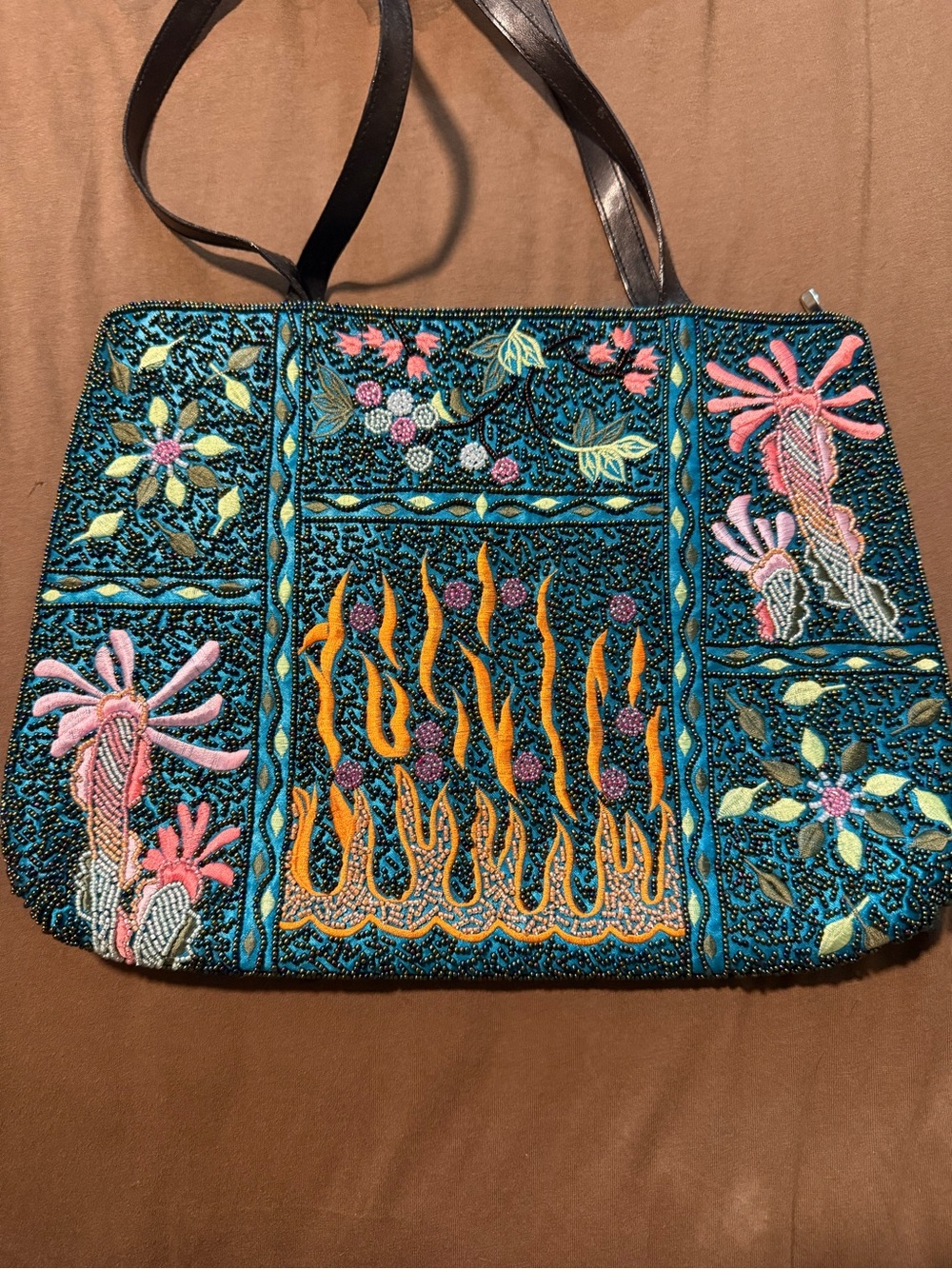 90s /Y2K Beaded Floral Teal Tote Bag with Embroidered Accents Boho Artsy